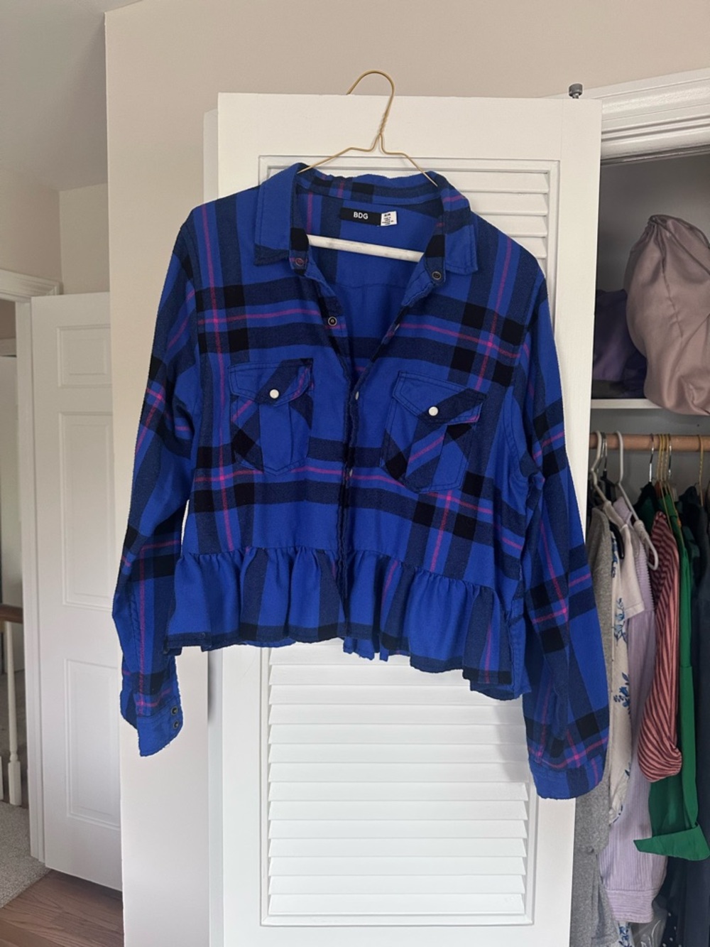 BDG Royal Blue and Black Plaid Ruffle-Hem Button-Up